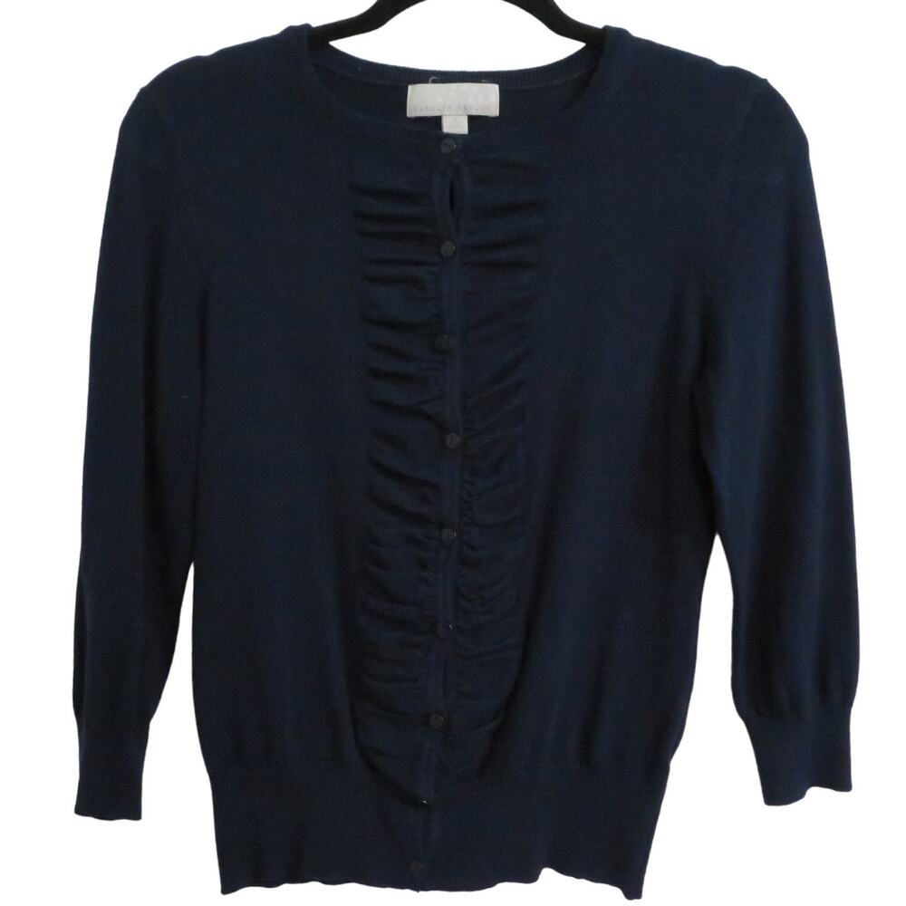 Carolyn Taylor Womens Sz M Navy Ruched Button Front Knit Sweater